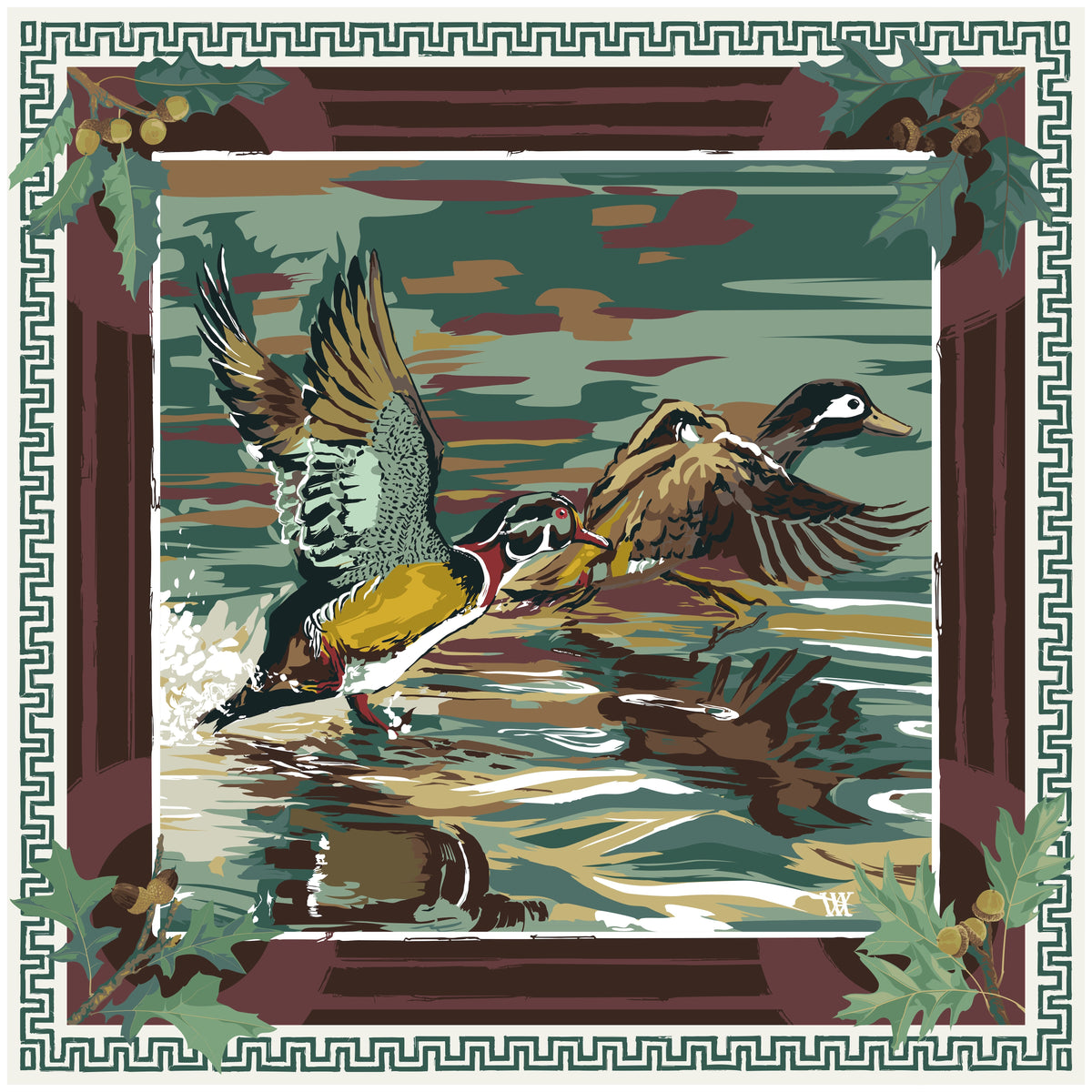 Oxblood Dusk Landing wood duck silk scarf by Austin Williams