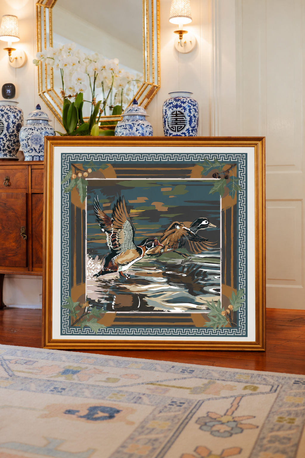 Marsh Dusk Landing framed silk scarf