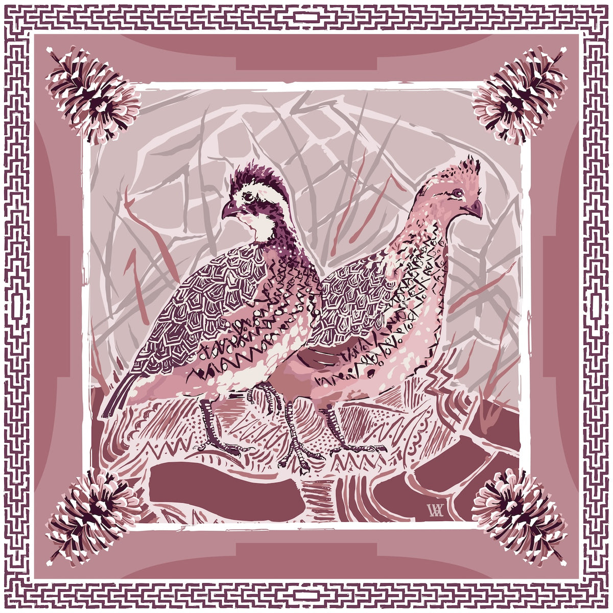 Dusty Rose Quail Pair Framed Scarf Print