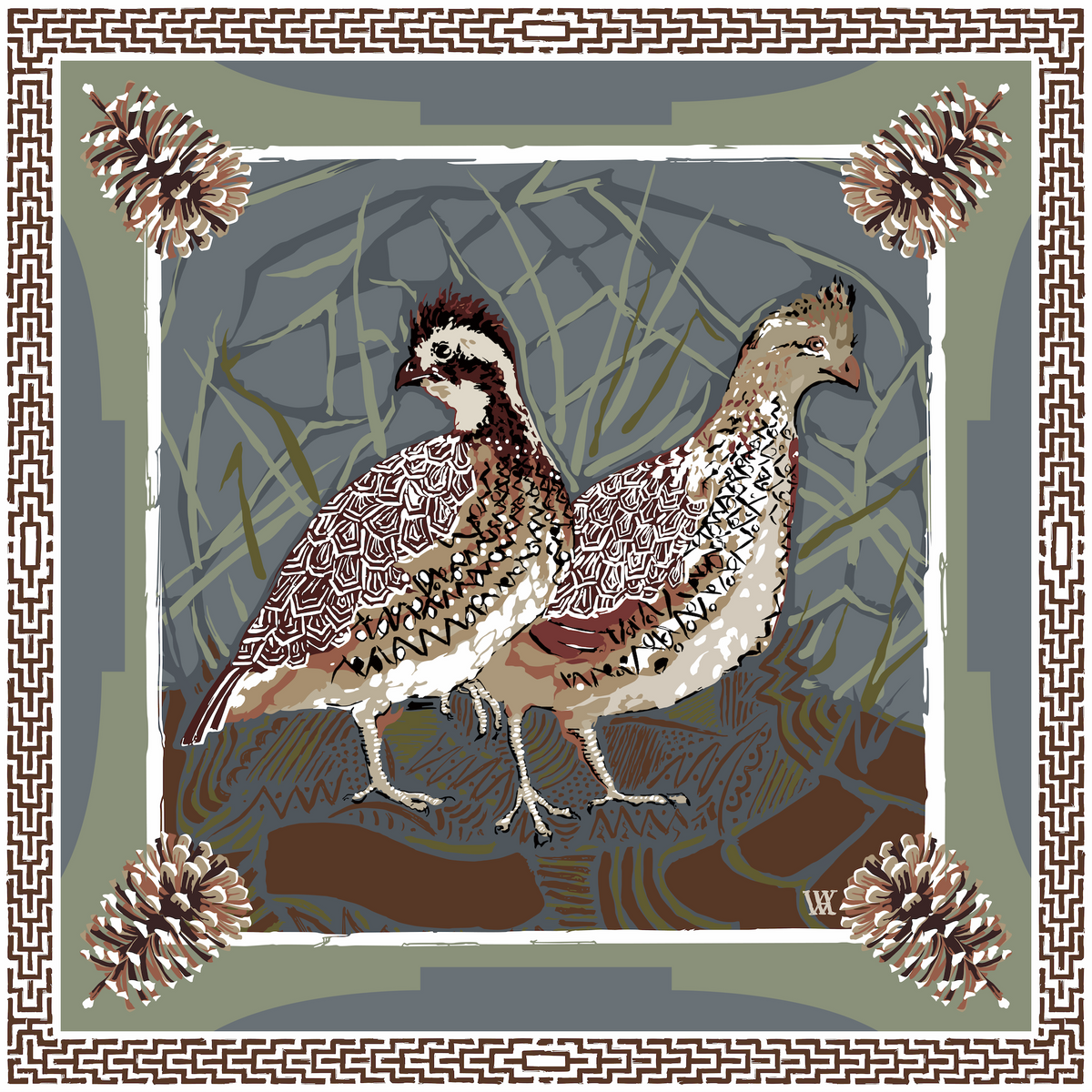 Slate Quail Pair Silk Scarf