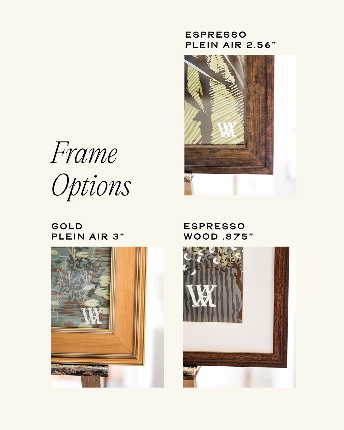 Renwood print frame options: Espresso Plein Air, Gold Plein Air, Espresso Wood