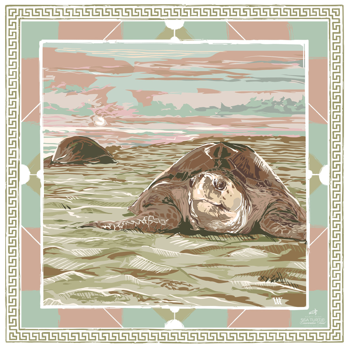 Pale Pink Loggerhead Dawn sea turtle silk scarf design