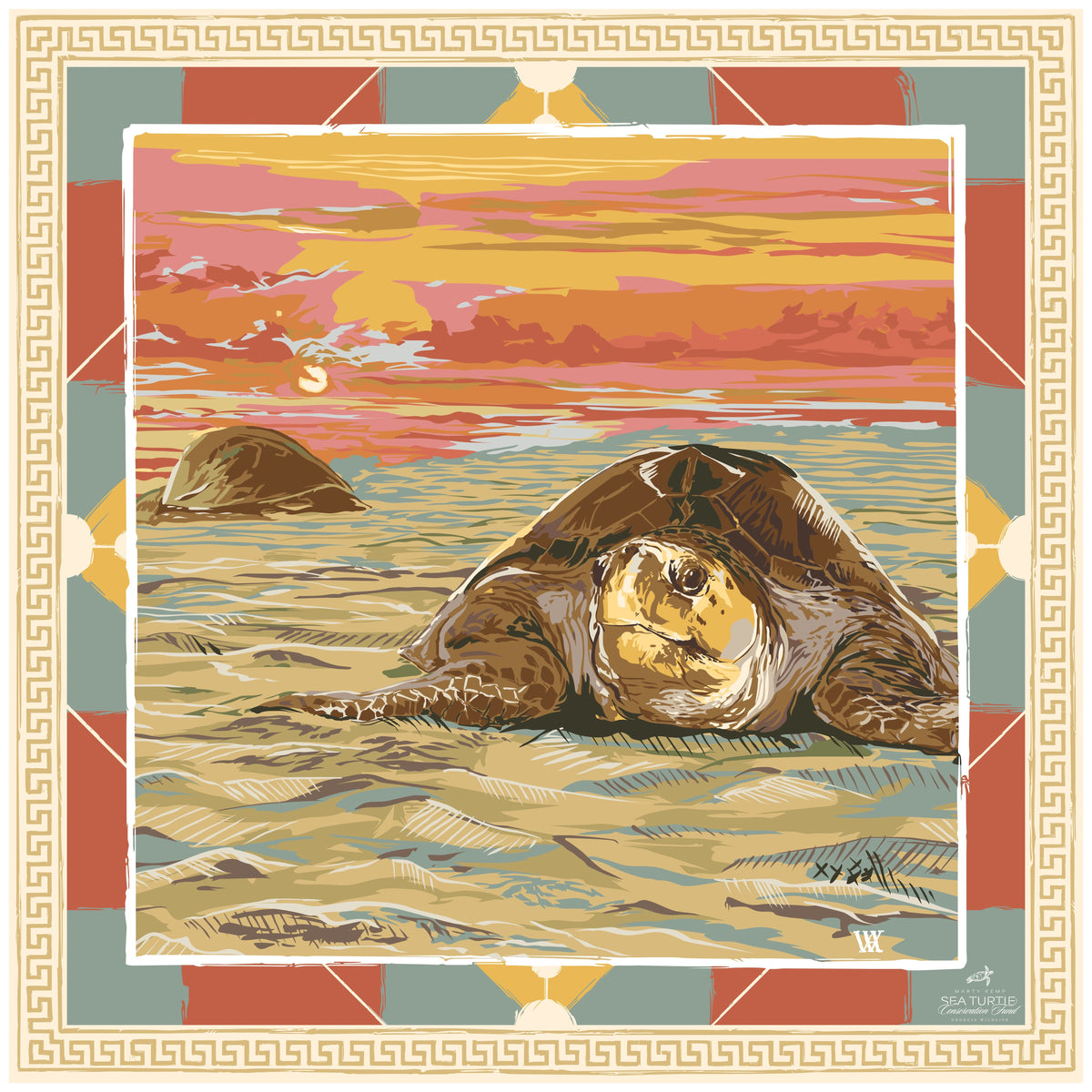 Tomato Loggerhead Dawn silk scarf — a loggerhead sea turtle coming ashore to nest at dawn