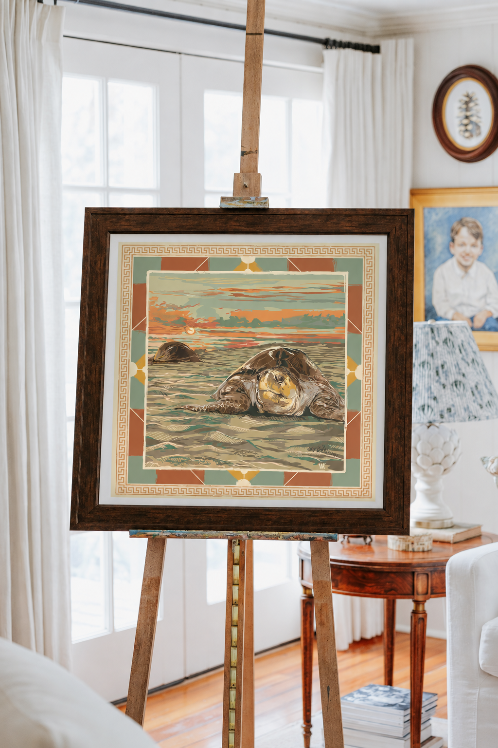 Apricot Loggerhead Dawn framed scarf print