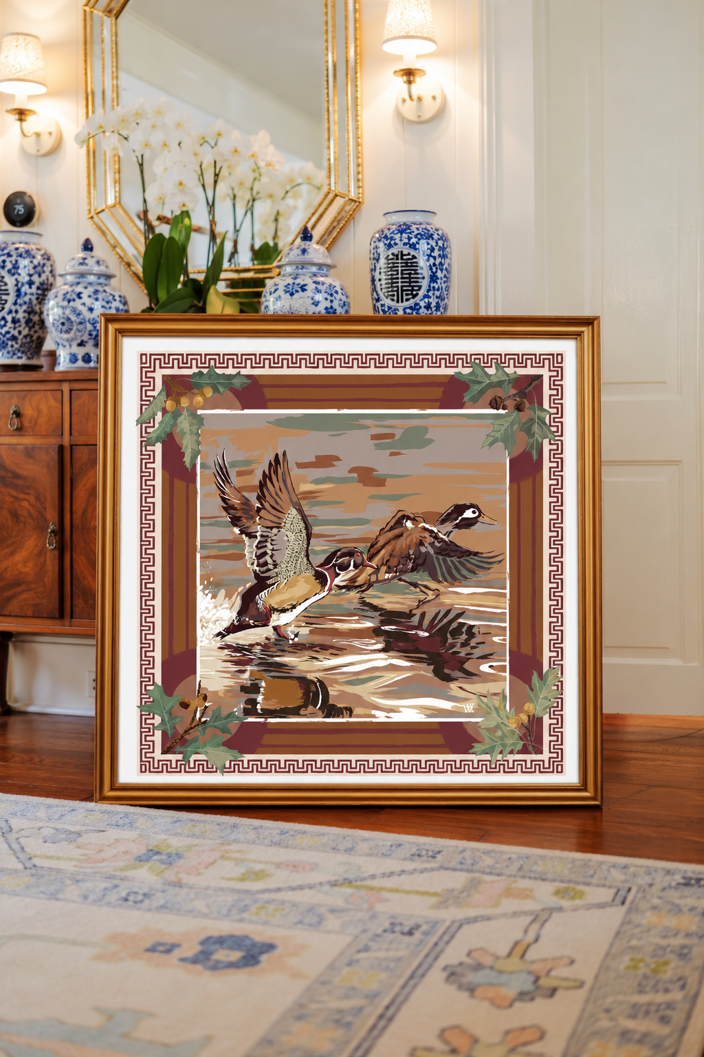 Cognac Dusk Landing framed silk scarf