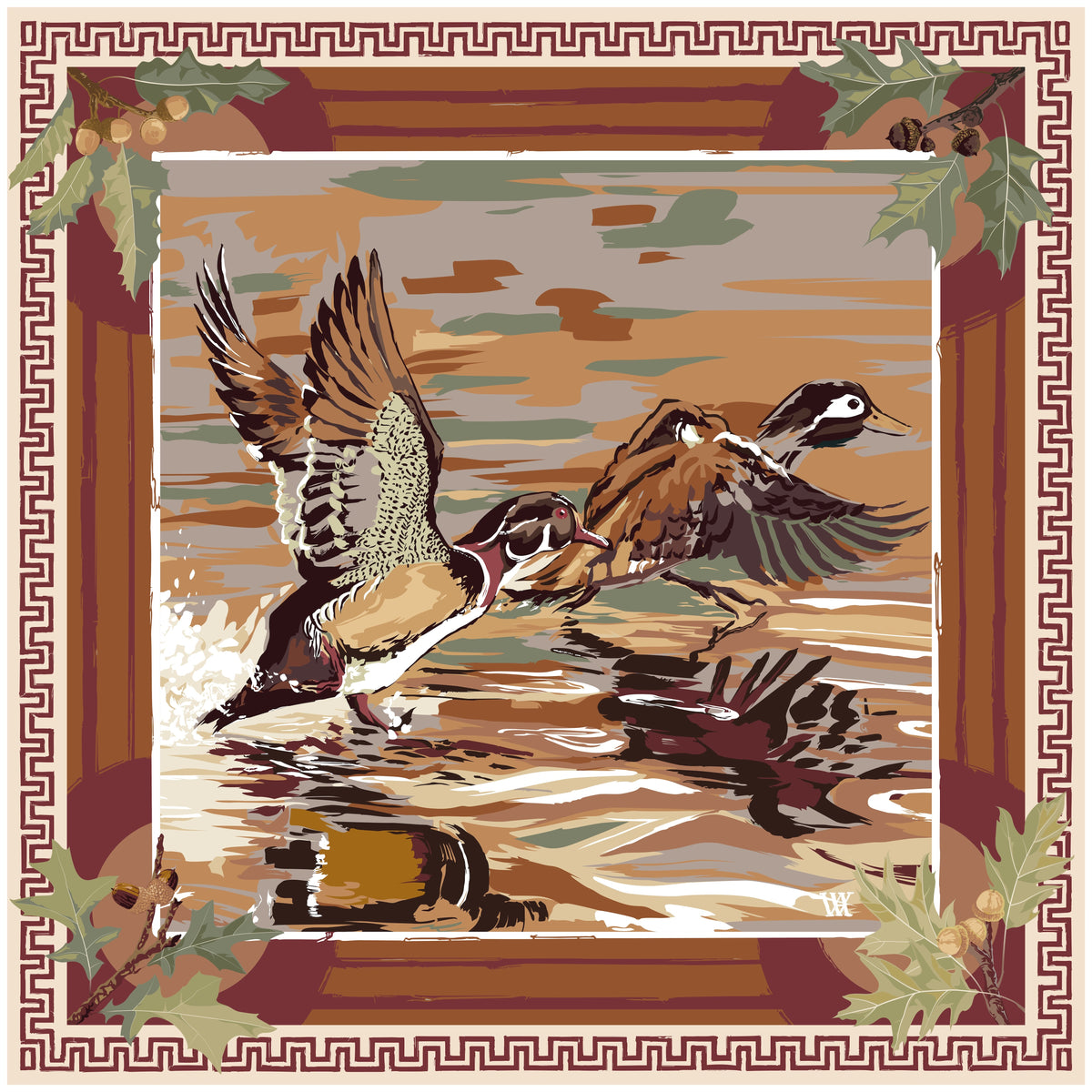 Cognac Dusk Landing wood duck silk scarf by Austin Williams