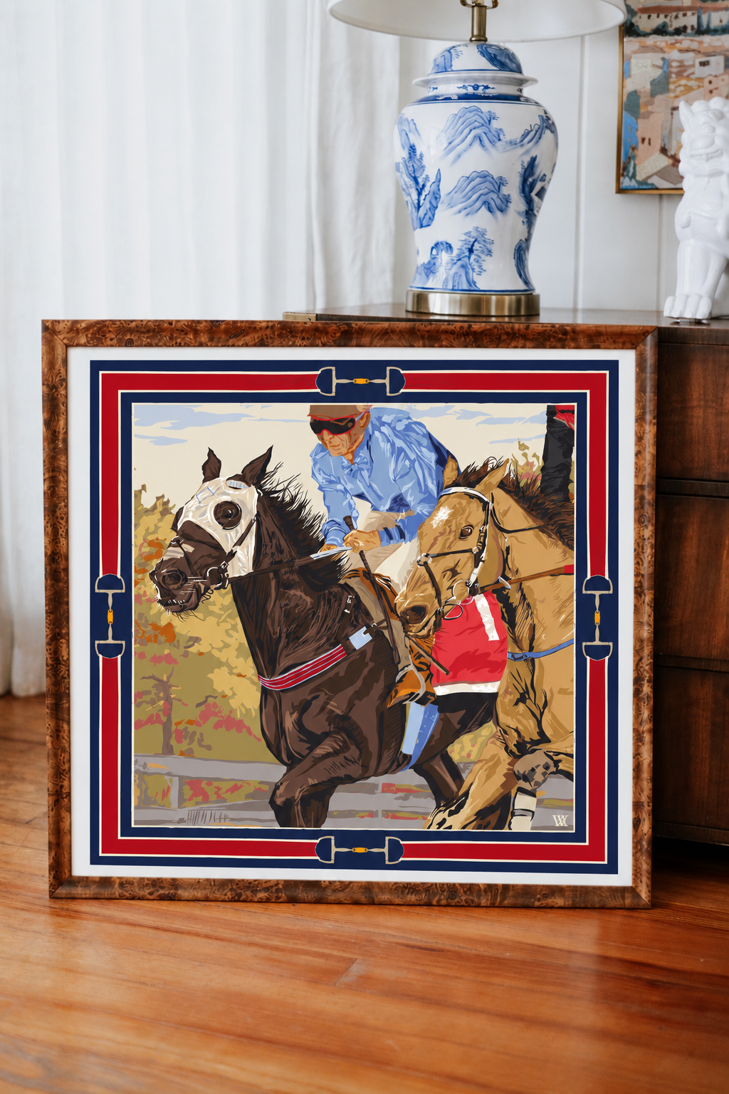 Navy Neck and Neck framed silk scarf