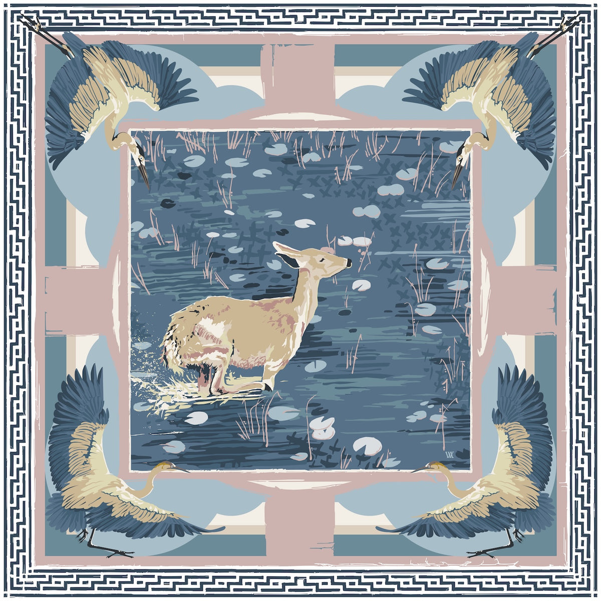 Blue Lily Pad Doe - Double-Sided Silk Scarf | austinwilliamsart.com