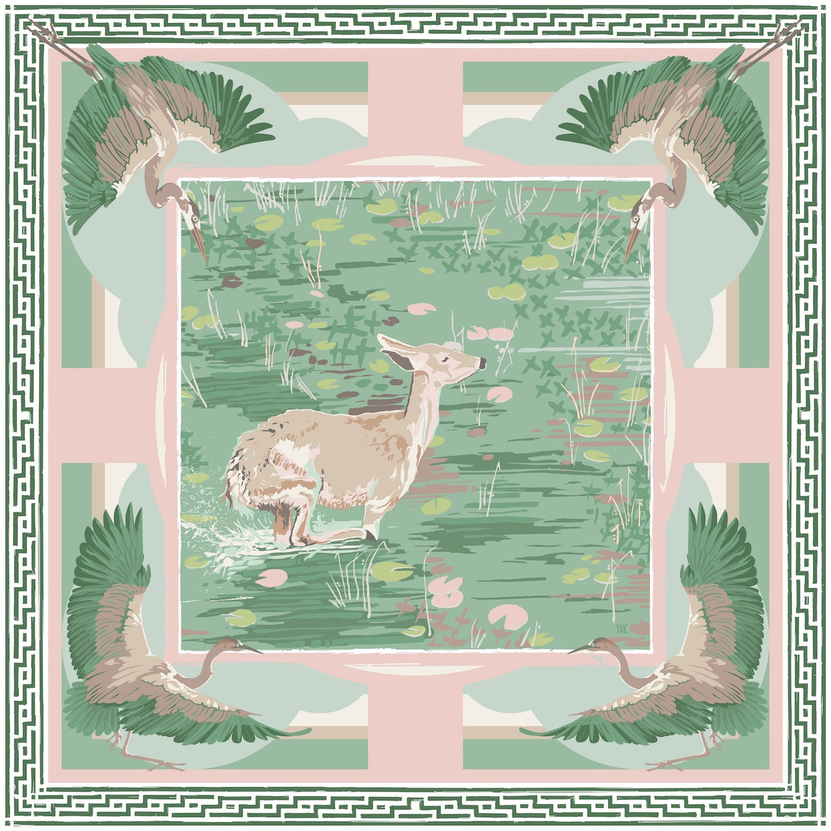 Green & Pink Lily Pad Doe Framed Scarf