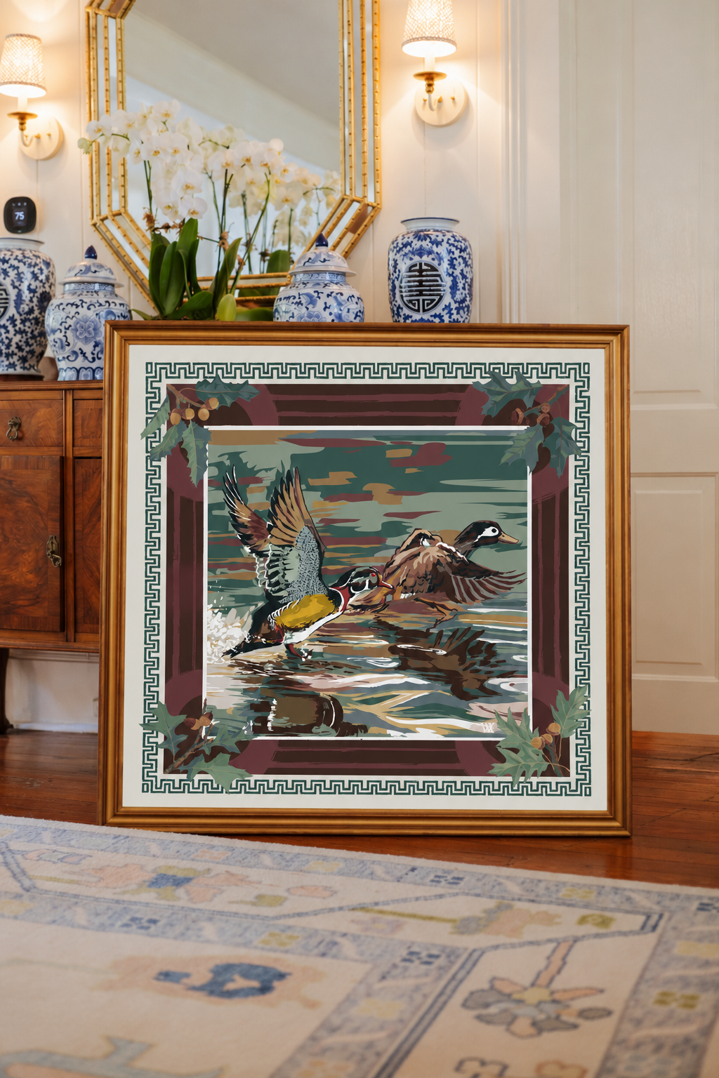 Oxblood Dusk Landing framed silk scarf