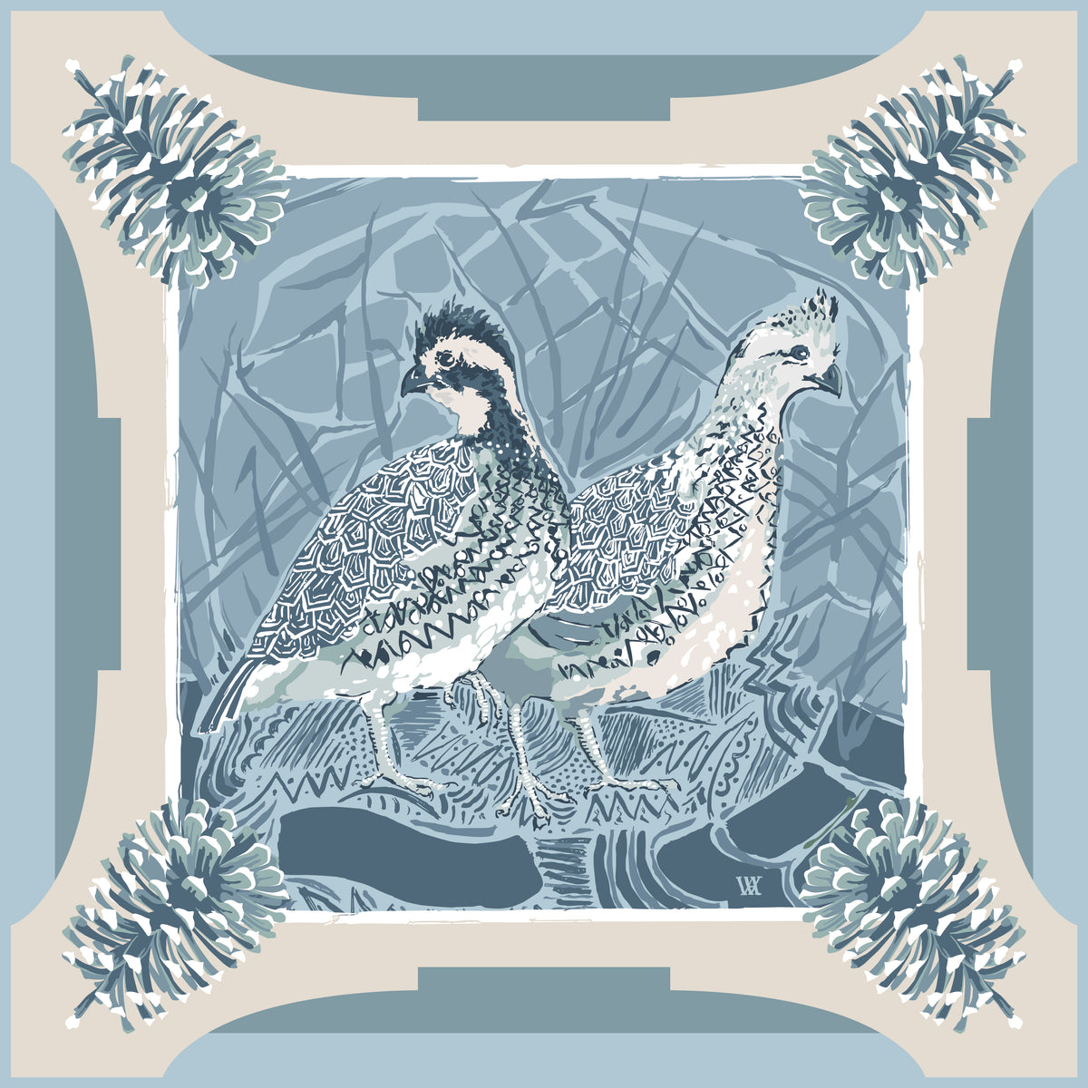 Blue Quail Pair Framed Scarf Print