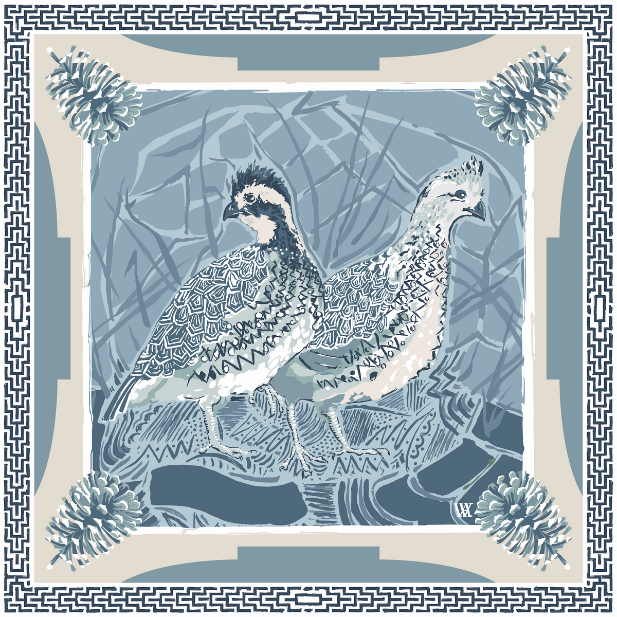 Blue Quail Pair Framed Scarf