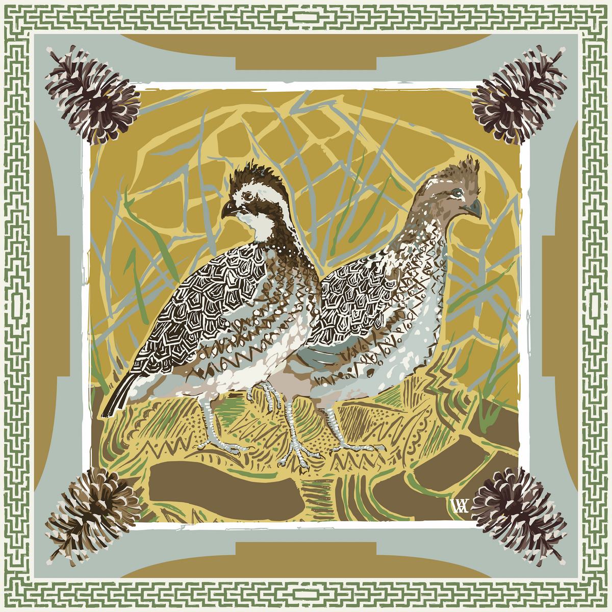 Gold Quail Pair Framed Scarf
