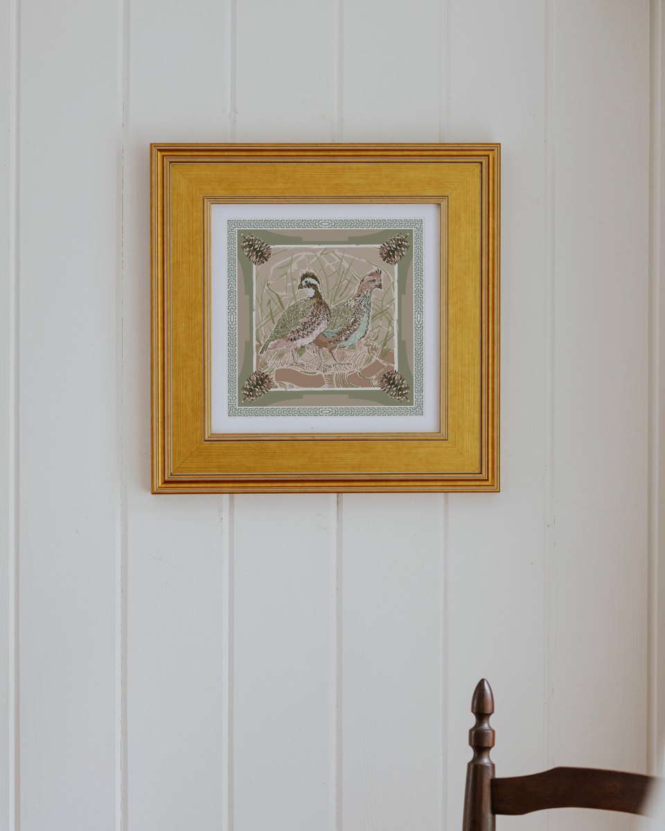 Pink Quail Pair Framed Scarf Print