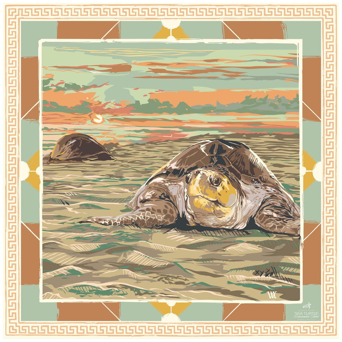 Apricot Loggerhead Dawn silk scarf — a loggerhead sea turtle coming ashore to nest at dawn