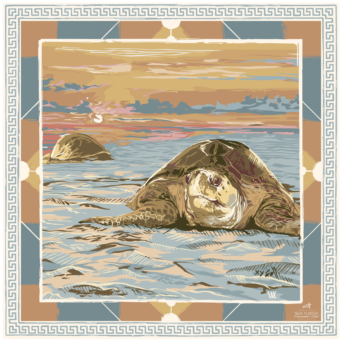Buttercup Loggerhead Dawn silk scarf — a loggerhead sea turtle coming ashore to nest at dawn, within a Greek key border